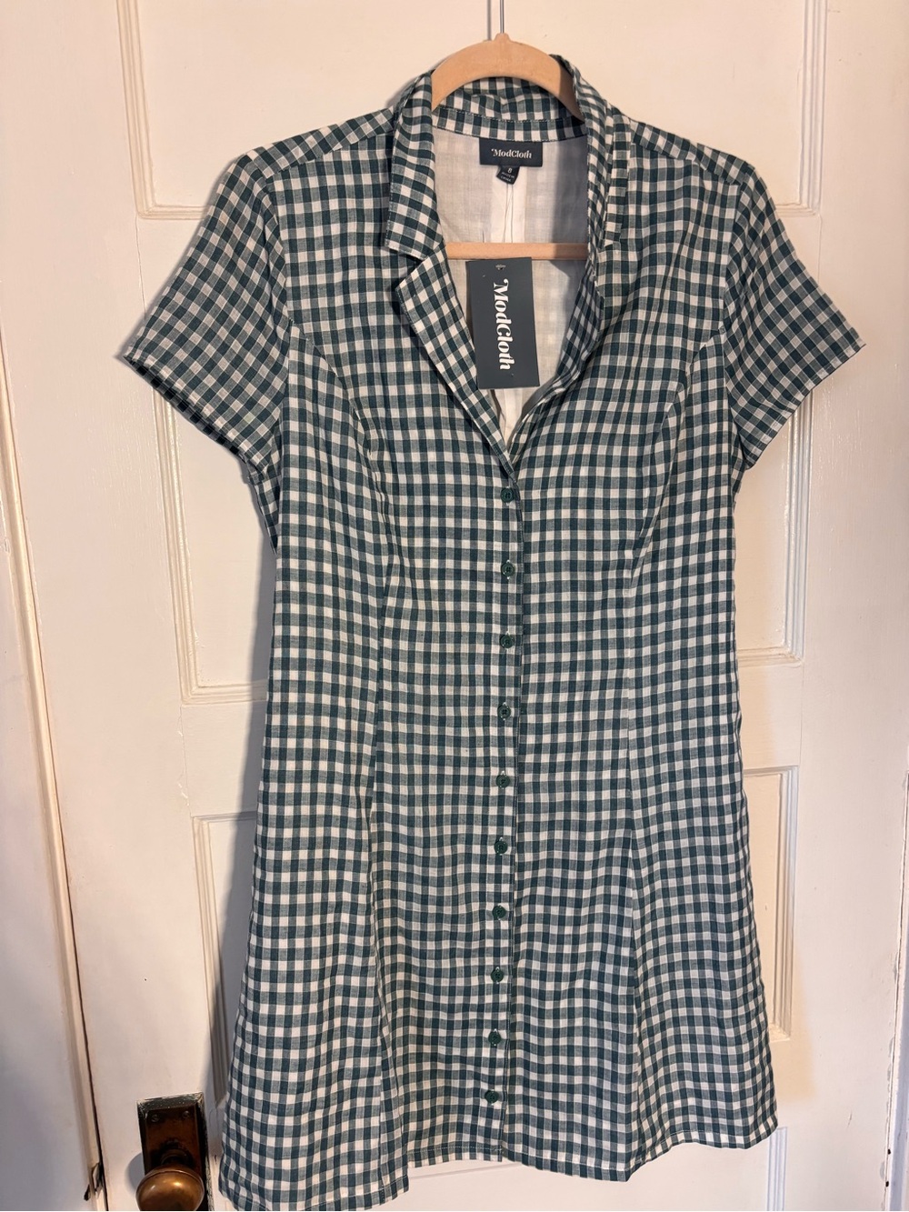 ModCloth Green Gingham Button-Front Shirt Dress